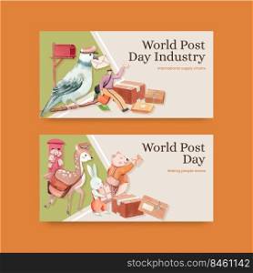 Twitter template with world post day concept,watercolor style 
