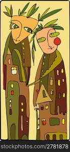 Two abstract persons with a body of buildings