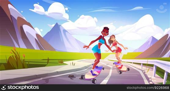 Two active young women riding skateboards in mountains. Vector cartoon illustration of happy female characters enjoying sports activity on road against rocky landscape. Recreation on summer holidays. Active young women riding skateboard in mountains
