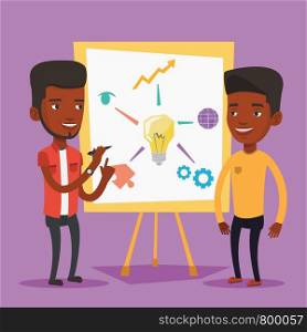 Two african-american businessmen discussing a project. Group of young businessmen working on project. Businessman drawing business project on a board. Vector flat design illustration. Square layout.. Two businessmen discussing project near board.