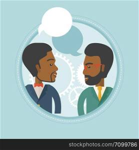 Two african-american businessmen discussing business plan on a background with cogwheels. Business discussion and teamwork concept. Vector flat design illustration in the circle isolated on background. Businessmen discussing business plan.