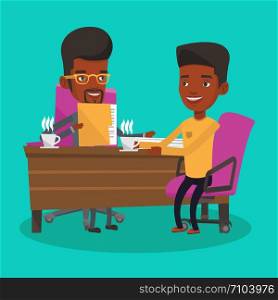 Two african-american businessmen during business meeting. Two businessmen talking on business meeting. Businessmen drinking coffee on business meeting. Vector flat design illustration. Square layout. Two businessmen during business meeting.