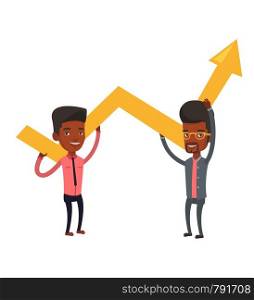 Two african-american businessmen holding growth graph. Cheerful business team with growth graph. Concept of business growth and teamwork. Vector flat design illustration isolated on white background.. Two businessmen holding growth graph.