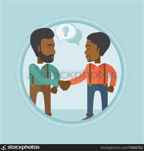 Two african-american businessmen shaking hands to launch a new venture based on a brilliant business idea. Business idea concept. Vector flat design illustration in the circle isolated on background.. Two businessmen launching new business.