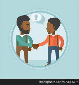 Two african-american businessmen shaking hands to launch a new venture based on a brilliant business idea. Business idea concept. Vector flat design illustration in the circle isolated on background.. Two businessmen launching new business.