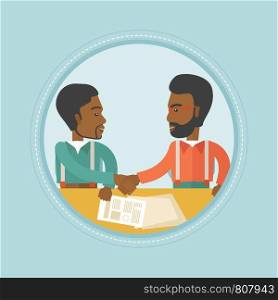 Two african-american businessmen signing a contract and shaking hands. Confirmation of transaction by signing of business contract. Vector flat design illustration in the circle isolated on background. Businessmen signing business contract.