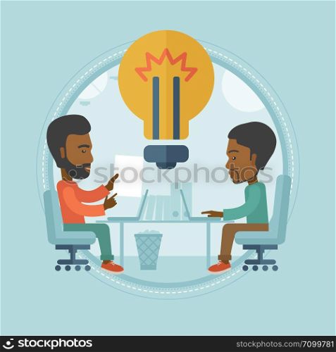 Two african-american businessmen working on a new business idea. Businessmen thinking about business idea. Business idea concept. Vector flat design illustration in the circle isolated on background.. Successful business idea vector illustration.