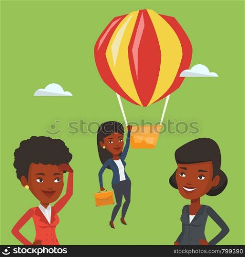 Two african-american employees looking at their successful colleague. Hardworking employee flying away in balloon from her less successful colleagues. Vector flat design illustration. Square layout.. Business woman hanging on balloon.