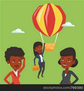 Two african-american employees looking at their successful colleague. Hardworking employee flying away in balloon from her less successful colleagues. Vector flat design illustration. Square layout.. Business woman hanging on balloon.