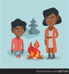 Two african-american happy friends sitting near bonfire in the camping. Young friends relaxing near bonfire in the camping. Concept of travel and tourism. Vector cartoon illustration. Square layout.. Two friends sitting around bonfire in the camping.