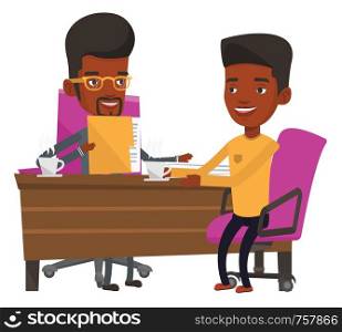 Two african-american men during business meeting. Businessmen talking on business meeting. Businessmen drinking coffee on business meeting. Vector flat design illustration isolated on white background. Two african business men during meeting.