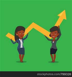 Two african-american smiling business women holding growth graph. Cheerful business team with growth graph. Concept of business growth and teamwork. Vector flat design illustration. Square layout.. Two business women holding growth graph.