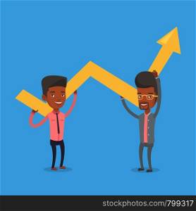 Two african-american smiling businessmen holding growth graph. Cheerful business team with growth graph. Concept of business growth and teamwork. Vector flat design illustration. Square layout.. Two businessmen holding growth graph.