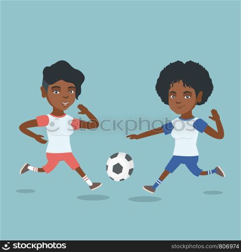 Two african-american sportswomen playing football. Young football players fighting over the control of a ball. Sport and leisure concept. Vector cartoon illustration. Square layout.. Two african soccer players fighting for a ball.