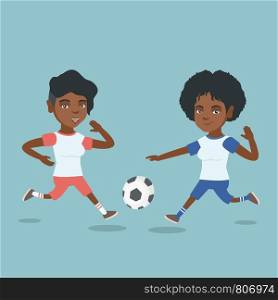 Two african-american sportswomen playing football. Young football players fighting over the control of a ball. Sport and leisure concept. Vector cartoon illustration. Square layout.. Two african soccer players fighting for a ball.