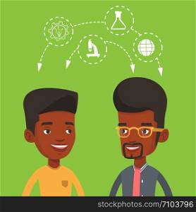 Two african-american students sharing with the ideas during brainstorming. Young happy students brainstorming. Concept of brainstorming in education. Vector flat design illustration. Square layout.. Students sharing with the ideas.