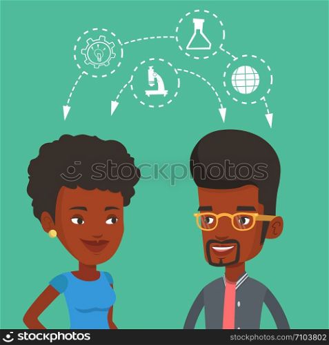 Two african-american students sharing with the ideas during brainstorming. Young happy students brainstorming. Concept of brainstorming in education. Vector flat design illustration. Square layout.. Students sharing with the ideas.