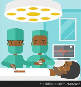 Two african-american surgeons working and looking over a lying patient in an operating room vector flat design illustration. Square layout.. Operation.