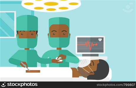 Two african-american surgeons working and looking over a lying patient in an operating room vector flat design illustration. Horizontal layout with a text space for a social media post.. Operation.