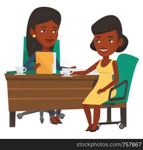 Two african-american women during business meeting. Businesswomen talking on business meeting. Women drinking coffee on business meeting. Vector flat design illustration isolated on white background.. Two business women during meeting.