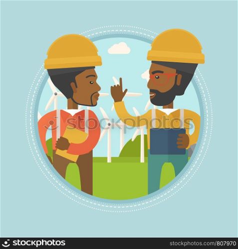Two african-american workers talking on background of wind farm. Workers of wind farm in helmets discussing working affairs. Vector flat design illustration in the circle isolated on background.. Workers of wind farm talking vector illustration.