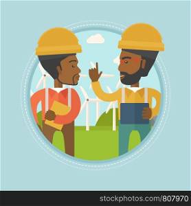 Two african-american workers talking on background of wind farm. Workers of wind farm in helmets discussing working affairs. Vector flat design illustration in the circle isolated on background.. Workers of wind farm talking vector illustration.