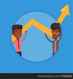 Two african business men holding growth graph. Cheerful business team with growth graph. Concept of business growth and teamwork. Vector flat design illustration in the circle isolated on background.. Two businessmen holding arrow going up.