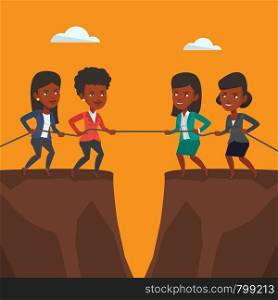 Two african business team pulling rope on cliff. Competition between two teams of business people. Concept of team work and competition in business. Vector flat design illustration. Square layout.. Two groups of business people pulling rope.