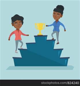 Two african business women competing for the business award. Competitive business women running up for the winner cup. Business competition, award concept. Vector cartoon illustration. Square layout.. Business women competing for the business award.
