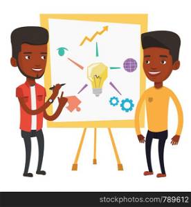 Two african businessmen discussing a project. Group of businessmen working on project. Businessman drawing business project on a board. Vector flat design illustration isolated on white background.. Two businessmen discussing project near board.