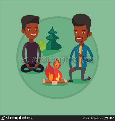 Two african friends sitting around campfire. Group of young friends having fun near campfire. Tourists relaxing near campfire. Vector flat design illustration in the circle isolated on background.. Two friends sitting around bonfire in camping.
