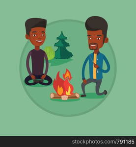 Two african friends sitting around campfire. Group of young friends having fun near campfire. Tourists relaxing near campfire. Vector flat design illustration in the circle isolated on background.. Two friends sitting around bonfire in camping.