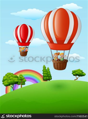 Two air balloons flying with happy kids
