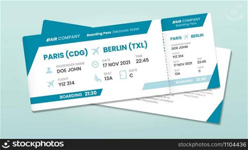 Two airline tickets. Airplane boarding ticket with passenger name, airlines flight invitation and airplanes pass. 2 traveler airport boarding tickets vector illustration. Two airline tickets. Airplane boarding ticket with passenger name, airlines flight invitation and airplanes pass vector illustration