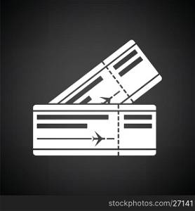 Two airplane tickets icon. Black background with white. Vector illustration.