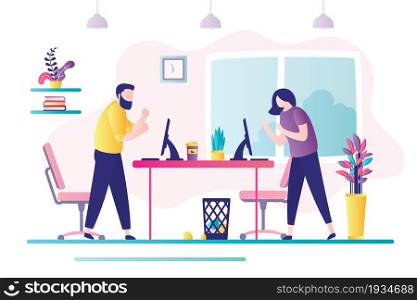 Two angry business workers are in conflict. Stress and emotions management at work. Conflict situation in office between employees. Office interior, workplace. Trendy flat vector illustration. Two business workers are in conflict. Stress and emotions management at work. Conflict situation in office between employees.
