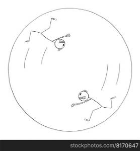 Two angry Persons running and chasing each other forever in circle, concept of hate, vector cartoon stick figure or character illustration.. Two Angry Persons Running in Circle , Vector Cartoon Stick Figure Illustration