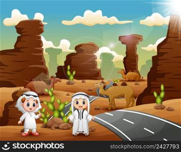 Two arab boys with camels in the desert road