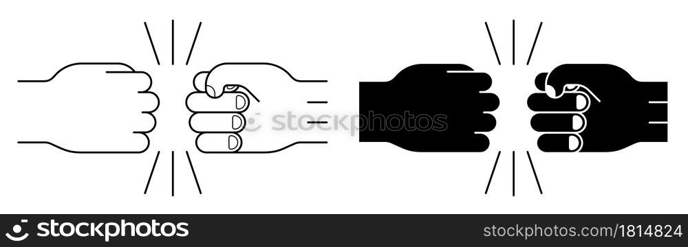 Two arms clenched fist bump in friendly greeting. Getting started collaborative teamwork. Symbol of strength and fight. Black white vector