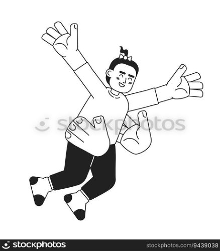 Two arms tossing toddler girl in air monochromatic flat vector character. Fun parent. Throwing kid in air. Editable thin line person on white. Simple bw cartoon spot image for web graphic design. Two arms tossing toddler girl in air monochromatic flat vector character
