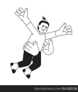 Two arms tossing toddler girl in air monochromatic flat vector character. Fun parent. Throwing kid in air. Editable thin line person on white. Simple bw cartoon spot image for web graphic design. Two arms tossing toddler girl in air monochromatic flat vector character