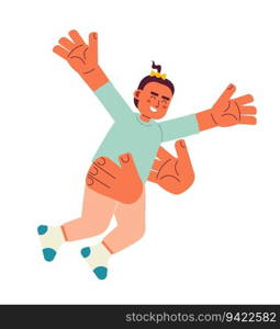 Two arms tossing toddler girl in air semi flat color vector character. Fun parent. Throwing kid in air. Editable full body person on white. Simple cartoon spot illustration for web graphic design. Two arms tossing toddler girl in air semi flat color vector character