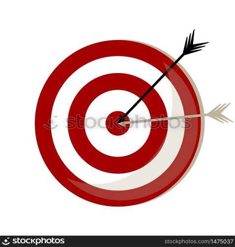 Two arrows from the bow, black and white, hit the target with red circles. A unique illustration of success and getting to the point. Vector illustration. Stock Photo.