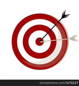 Two arrows from the bow, black and white, hit the target with red circles. A unique illustration of success and getting to the point. Vector illustration. Stock Photo.