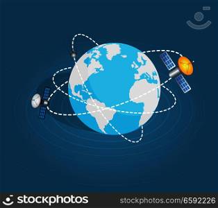 Two artificial earth satellites around planet on blue background. Vector illustration of satellites surrounding the planet Earth. Web banner of artificial sputnik in space cartoon style flat design.. Two Artificial Earth Satellites Around Planet