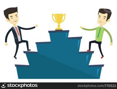 Two asian business men competing for golden trophy. Two competitive business men running up for the trophy. Business competition concept. Vector flat design illustration isolated on white background.. Businessmen competing for the business award.