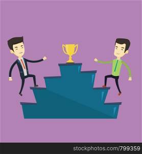 Two asian business men competing to get golden trophy. Two competitive business men running up for the golden trophy. Business competition concept. Vector flat design illustration. Square layout.. Businessmen competing for the business award.