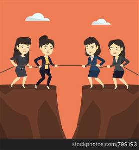 Two asian business team pulling rope on cliff. Competition between two teams of business people. Concept of team work and competition in business. Vector flat design illustration. Square layout.. Two groups of business people pulling rope.