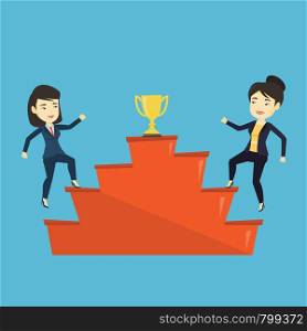 Two asian business women competing to get golden trophy. Two competitive business women running up for the golden trophy. Business competition concept. Vector flat design illustration. Square layout.. Women competing for the business award.