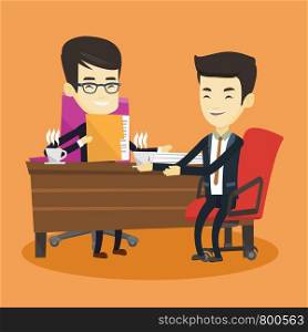 Two asian businessmen talking on business meeting. Businessmen drinking coffee on business meeting. Two young businessmen during business meeting. Vector flat design illustration. Square layout.. Two businessmen during business meeting.